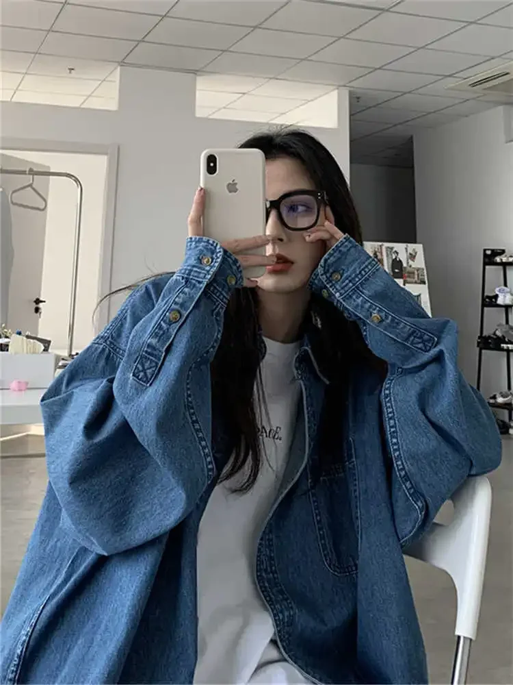 

Retro Deep Blue Denim Shirt Autumn Simple Style Loose Versatile Women's Solid Color Long Sleeved Thin Coat