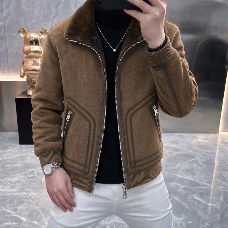 High-Quality Fashionable Thickened Faux Fur Leather Jacket Deer Skin Velvet Lined Golden Mink Velvet Simulation Luxury Coat