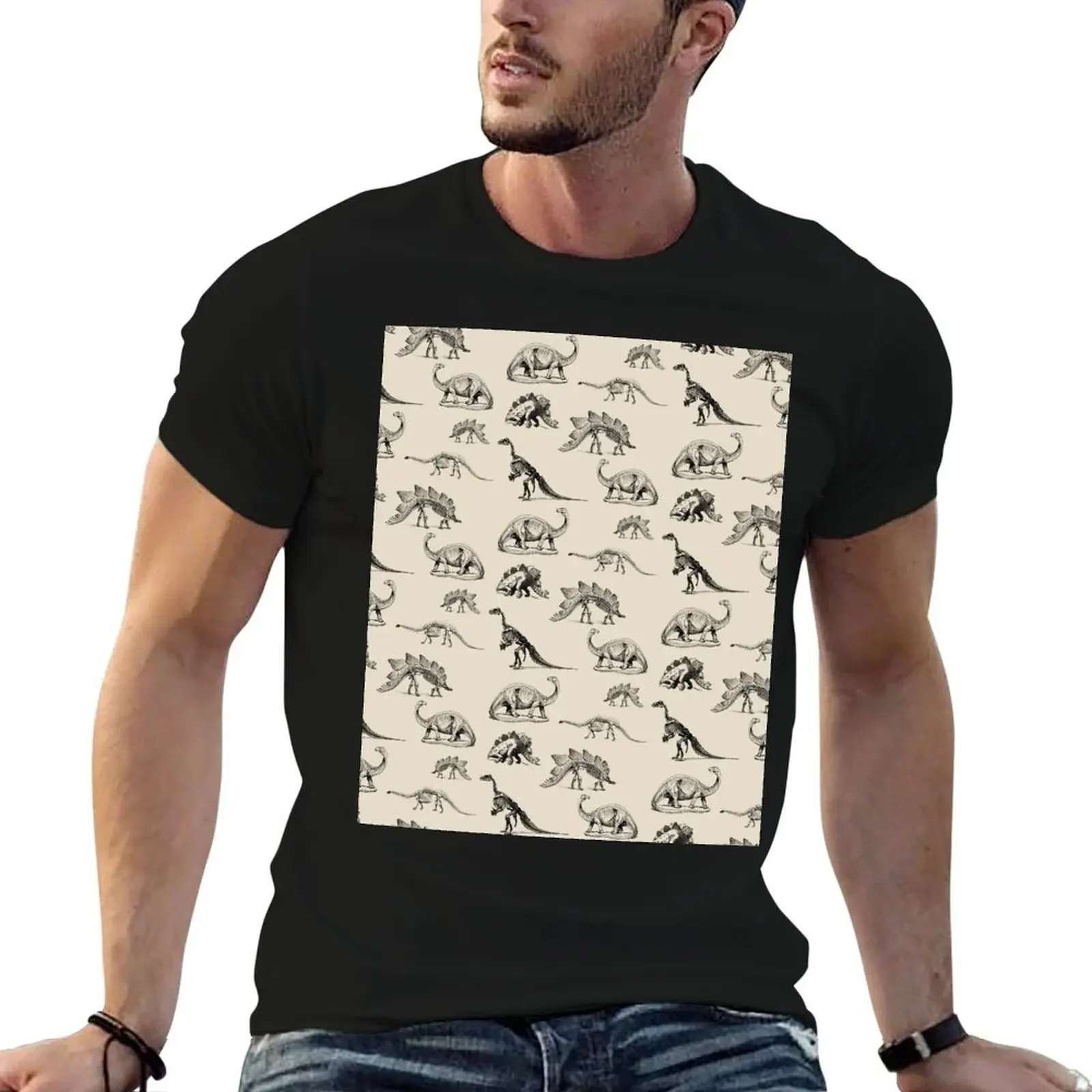 Vintage Museum Dinosaur Skeleton Illustrations, Black & Cream Dinos T-Shirt designer shirts anime clothes men graphic t shirts