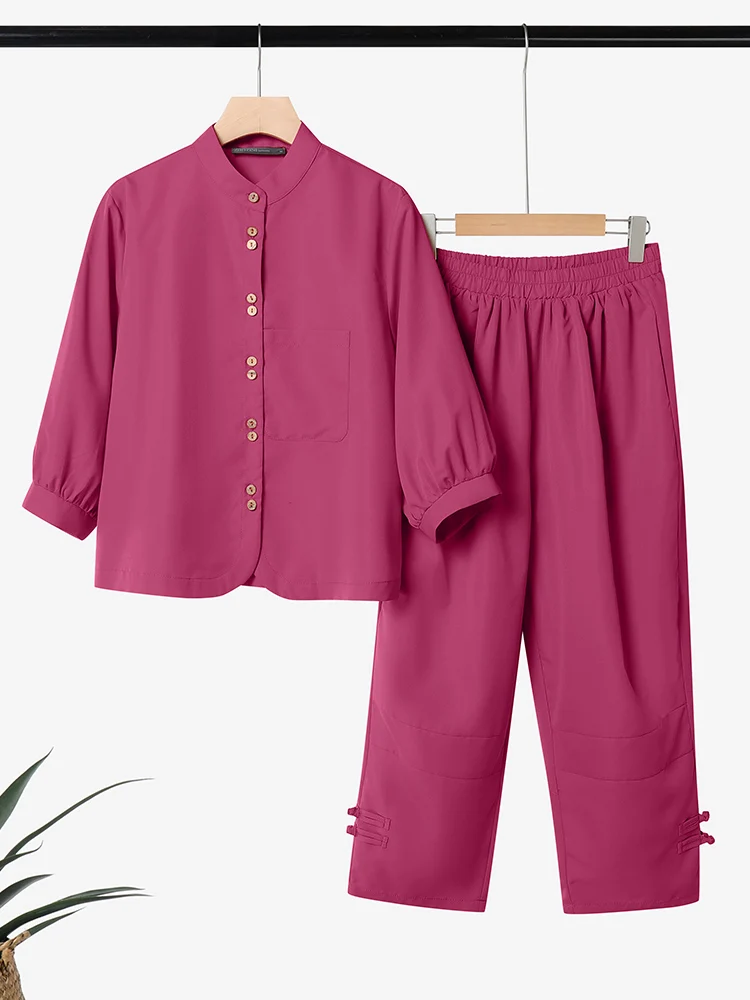 

ZANZEA, повседневные свободные комплекты, женские рубашки с рукавами 3/4, свободные брюки с эластичной резинкой на талии, однотонные женские винтажные одинаковые комплекты, осенние костюмы 2023 г.