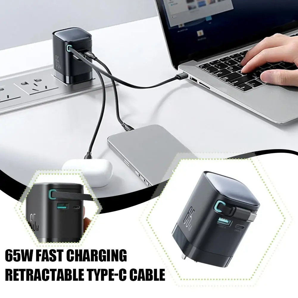 65W Fast Charge Retractable Type-c Line Charger With Retractable USB C Cable Desktop Charger Fast Charging For IPhone Table Q0F9