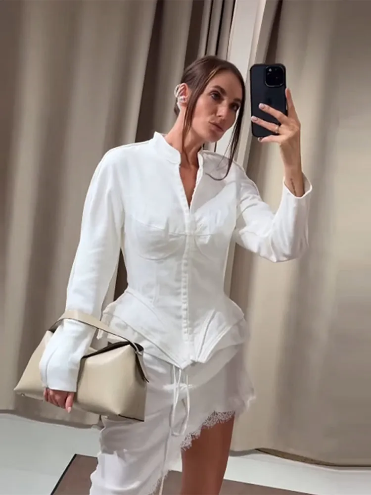 Taillenschnürende Korsett-Tops mit Unregelmäßigem Saum für Damen, Sexy Stehkragen Langarm Slim-Fit Bluse, Frühlings-Neuheit für Bürodamen, Partykleidung – Detail 15