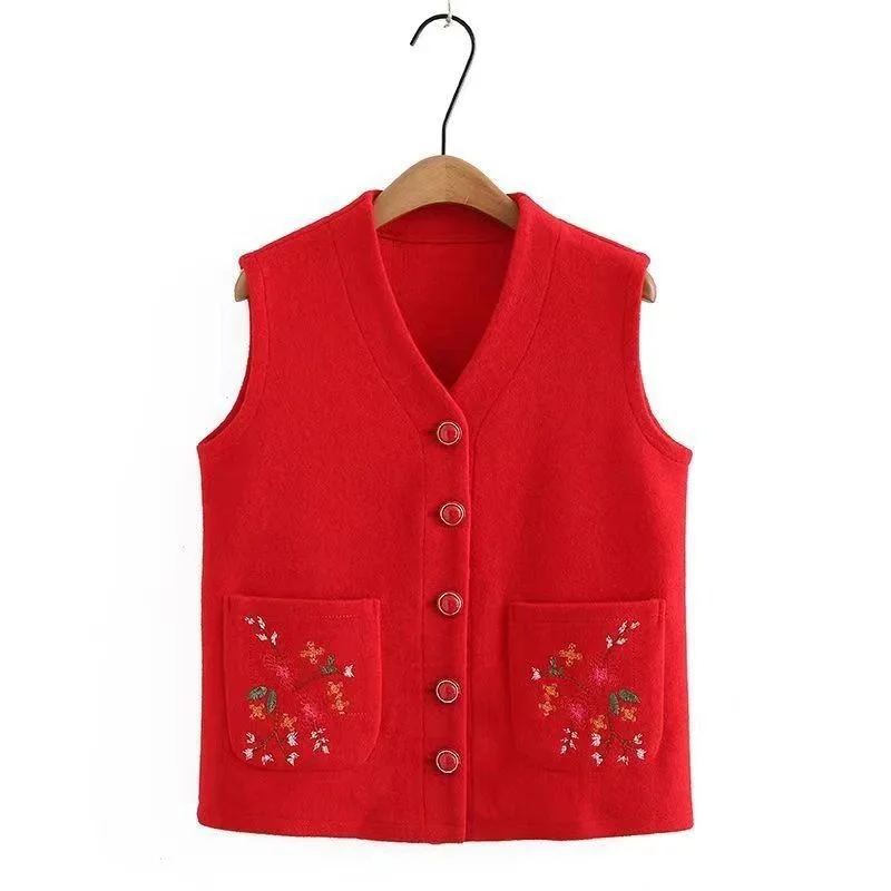 Retro Chinese Style Top Vest Women Modern Tang Suit Fall Winter Embroidery Buckle Clothes Waistcoat Jacket Ethnic Top