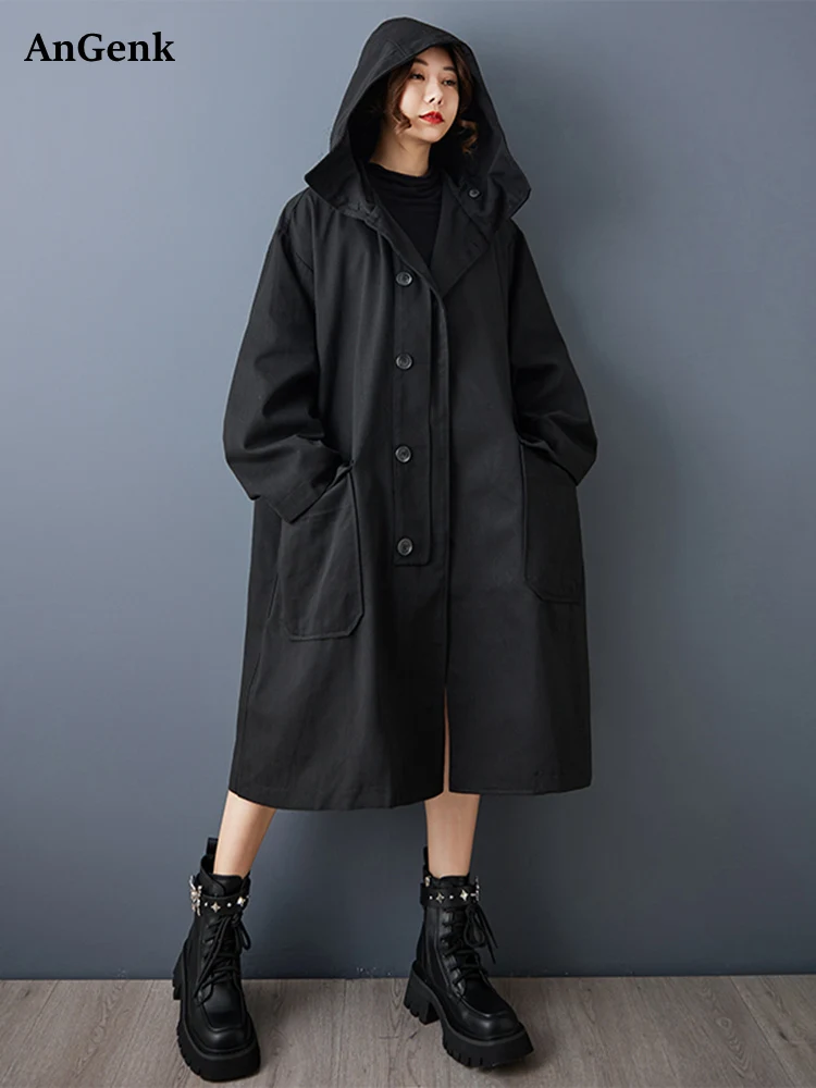 

Black Vintage Oversized Long Trench Coat For Women New Button Hooded Casual Loose Outerwear Cardigan Clothing Spring Autumn 2025