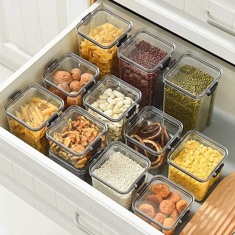 Caja de almacenamiento de alimentos frescos transparente multicapa para cocina casera, tapa de plástico a presión, contenedor hermético para granola, 1 ud.