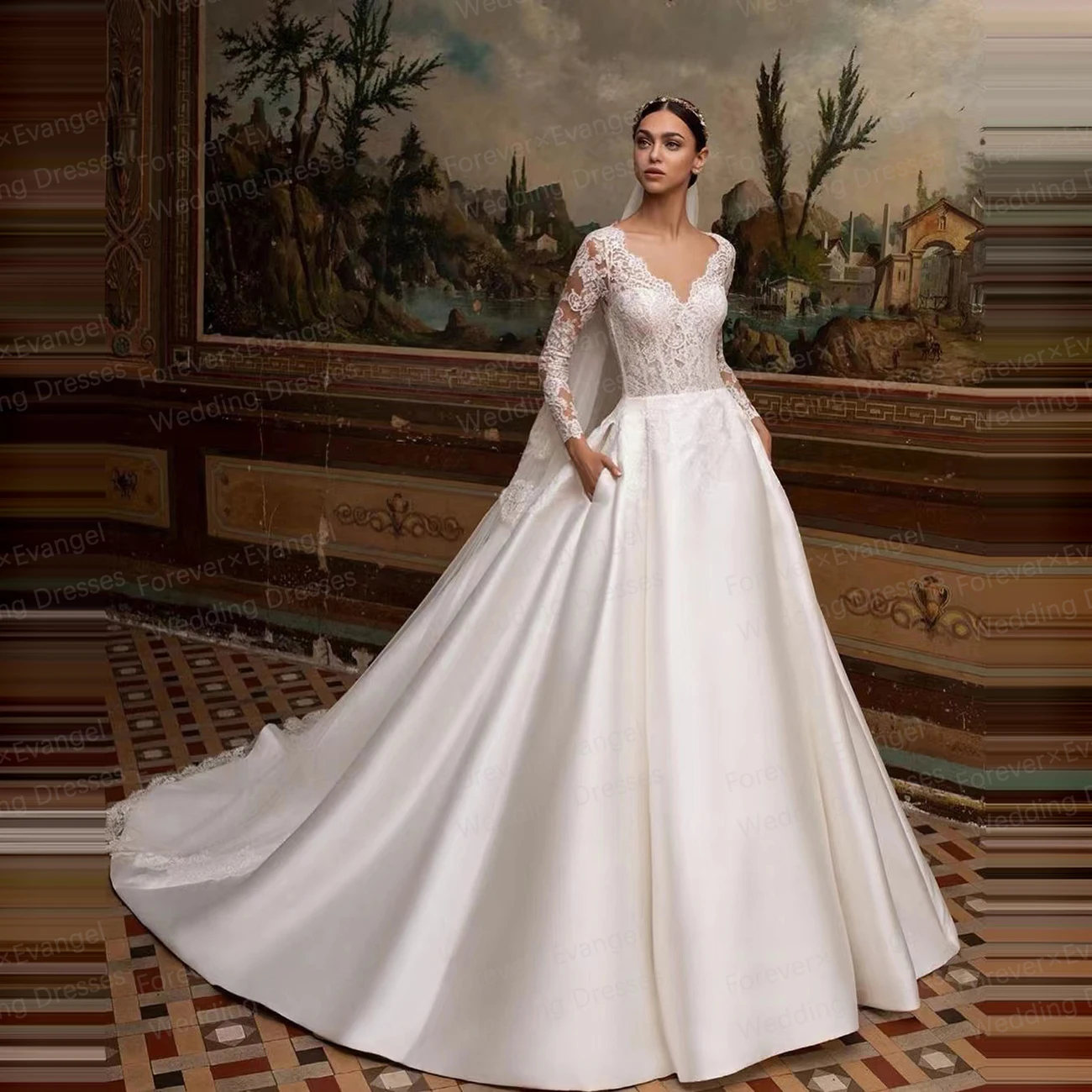 Elegant Appliques Wedding Dresses 2024 A Line Woman's Sexy V Neck Long Sleeve Bride Gowns Illusion Pleat Satin Vestidos De Noche