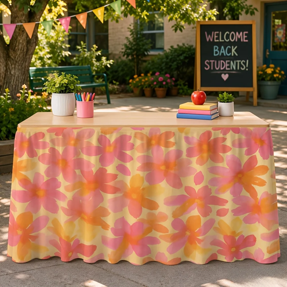 1 pink and orange flower print tablecloth and table skirt for a birthday party and an indoor festival celebration