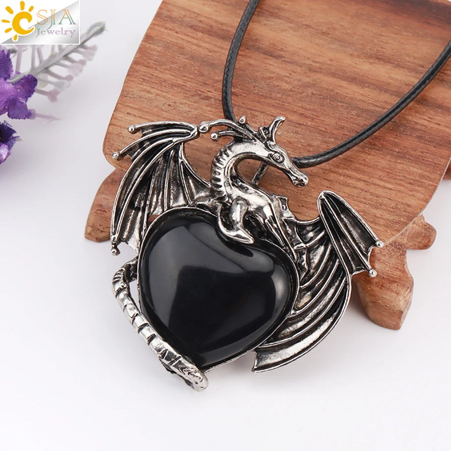 CSJA Vintage Dragon Man Necklace Natural Stone Tiger Eye  Heart Crystal Shape Pendant Amulet Necklaces for Woment Jewelry H237