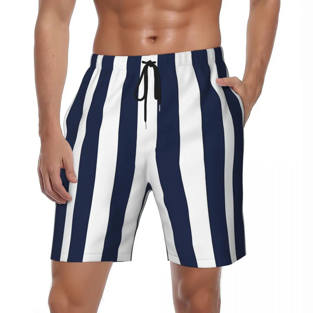 Summer Board Shorts Men Navy Blue Stripe Sports Fitness Fashion Beach Short Pants Classic Breathable Swimming Trunks Plus Size