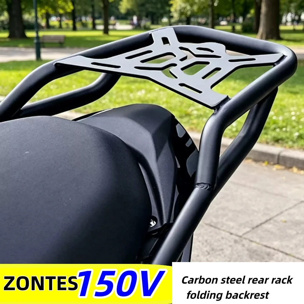 Rear luggage rack and top box mount for ZONTES 150V; features a foldable backrest/lumbar support; made of carbon steel.