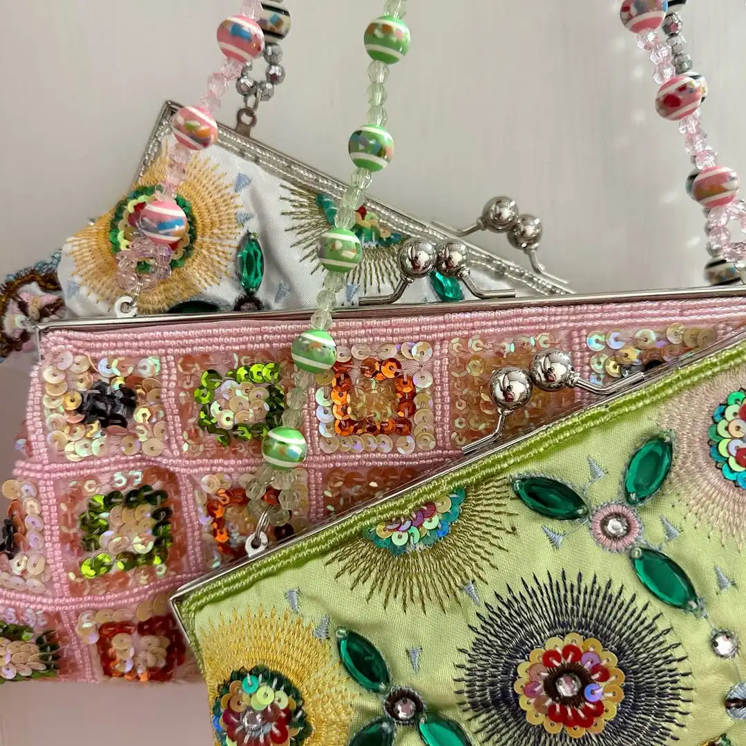 Lost in Vintage 90s Evening Handbag Microbead Evening Bag Purple Satin Clutch Beaded 90s Fairycore Beads and Sequin Clutch