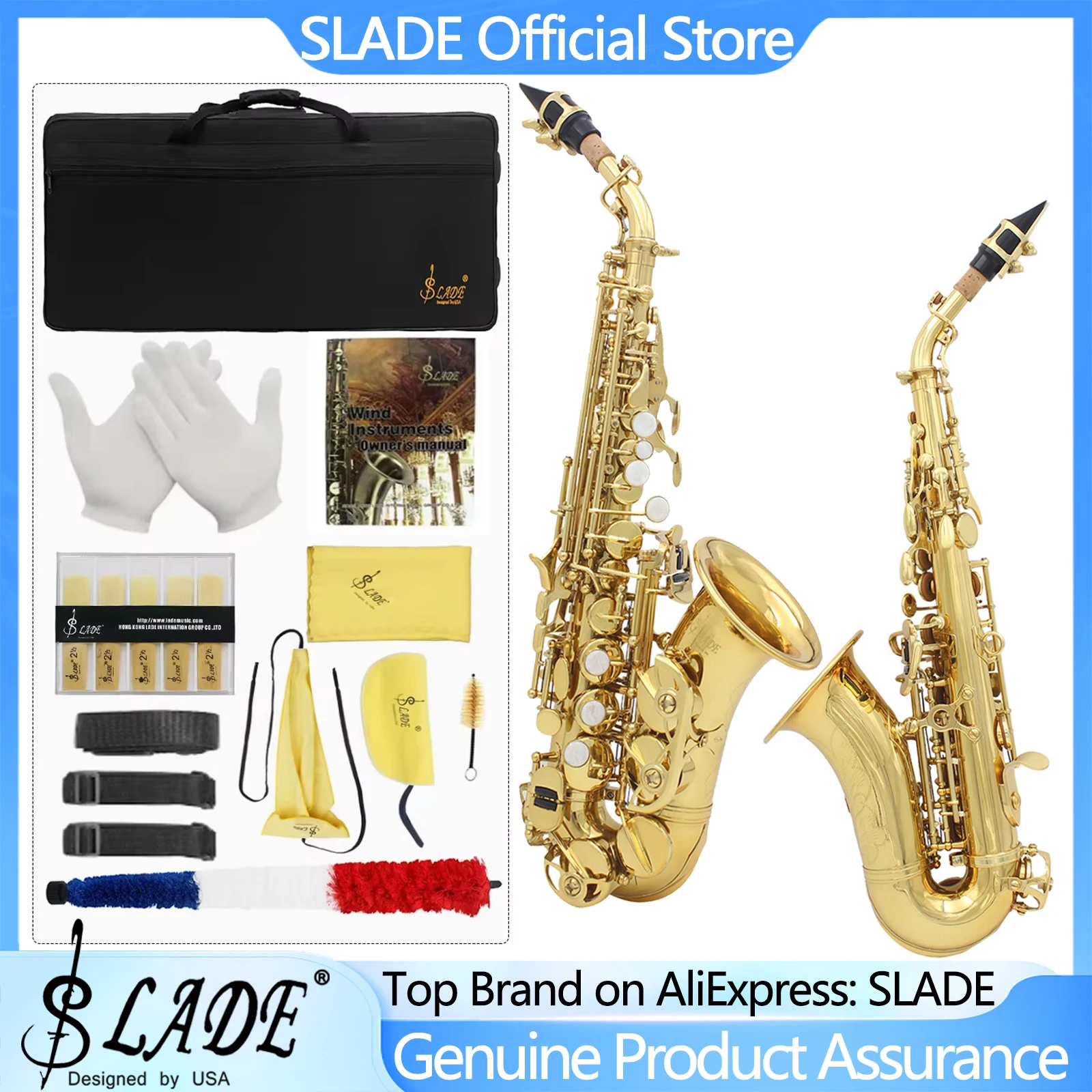 

SLADE B-Tone Soprano Saxophone Small Gold Key Saxophone Set for Adult Student Beginner with Box Reeds and Cleaning Kit