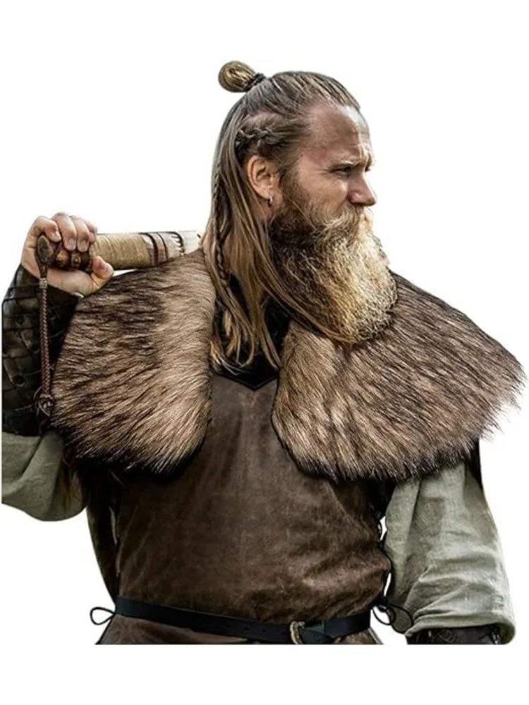 PESENAR Faux fur collar Fur Shoulder Man Viking fur cape Halloween costume Man Medieval faux fur cape shoulder wrap image 4