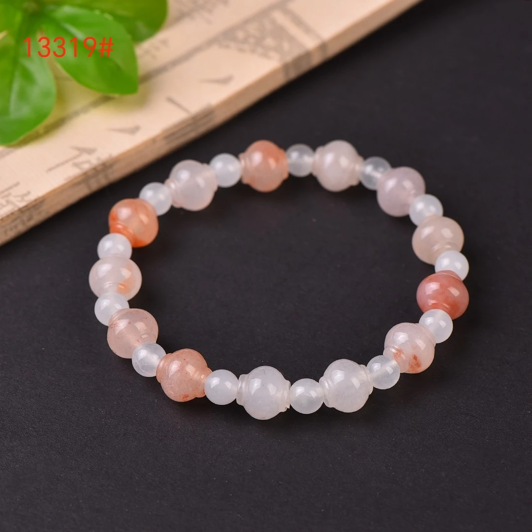 Natural Pink Crystal Gourd Bead Bracelet, Calabash Gemstone Beads with Orange Spacers Elastic Stretch Bangle Women Lucky Jewelry