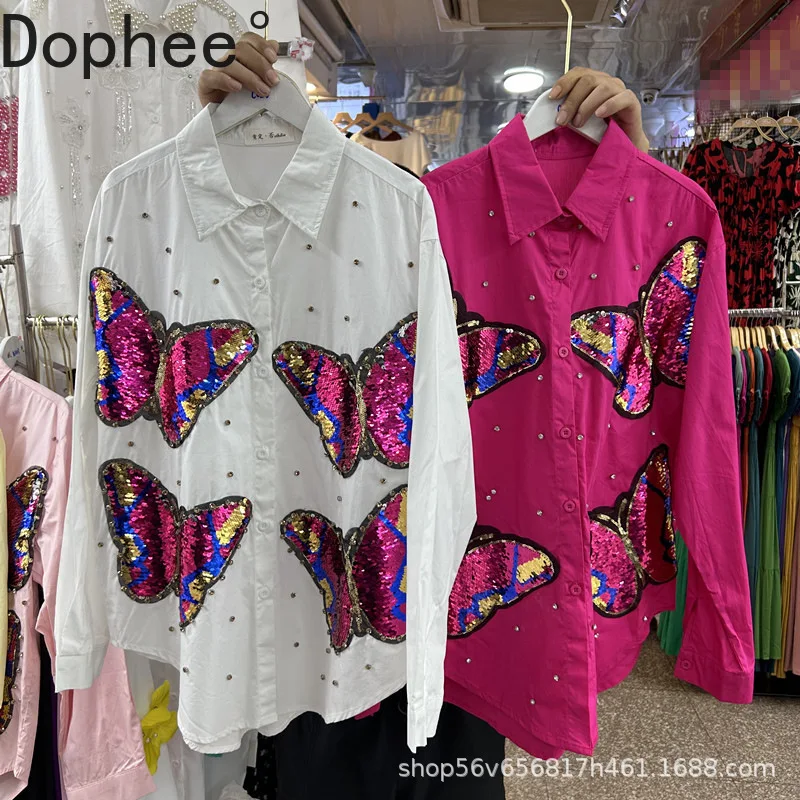 

Trendy Colored Sequins Butterfly Diamonds Women Long Sleeve Blouses All-match Spring Summer Loose Cardigans Shirt Casual Tops