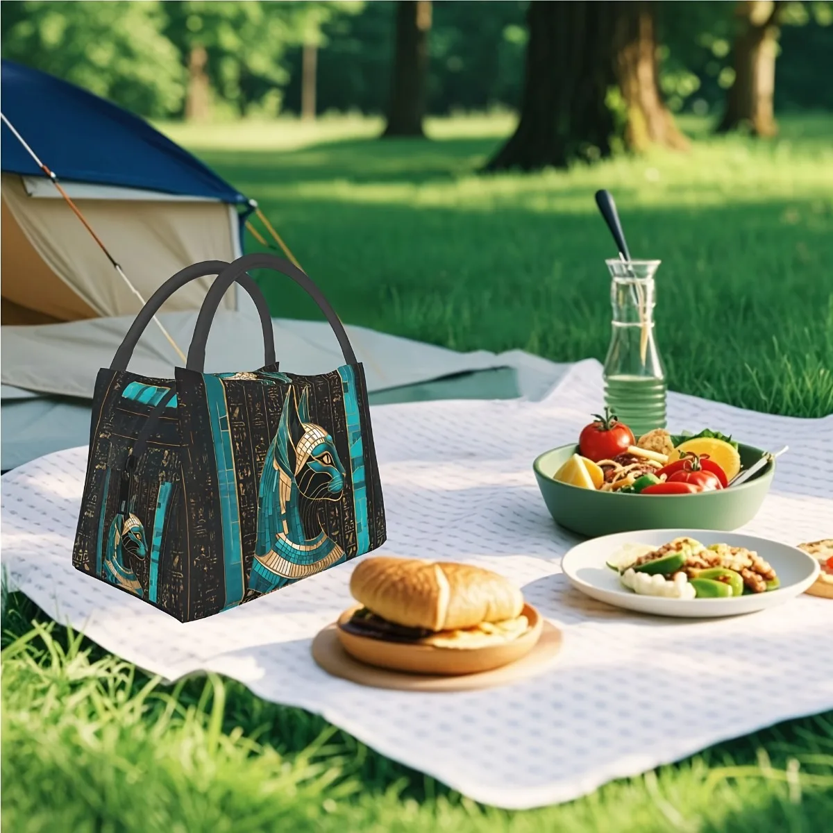 1pc Egyptian Cat Design Insulated Lunch Bag – Portable, Reusable Cooler With Teal & Golden Mosaic Pattern, Perfect For Home