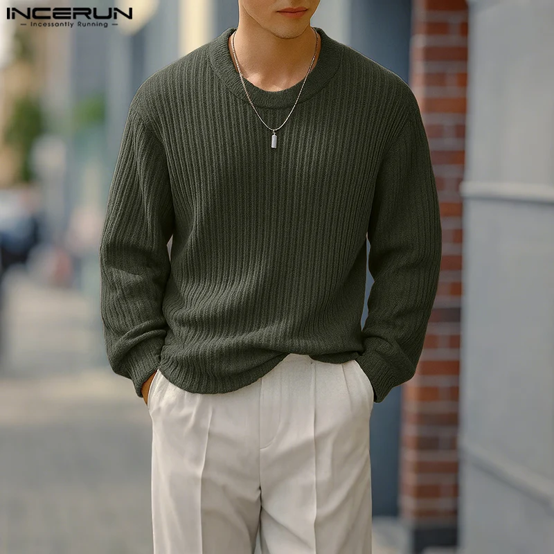 INCERUN Men Sweater Solid Color Knitted O-neck Long Sleeve Casual Men Clothing Streetwear 2025 Fashion Male Pullovers Autumn