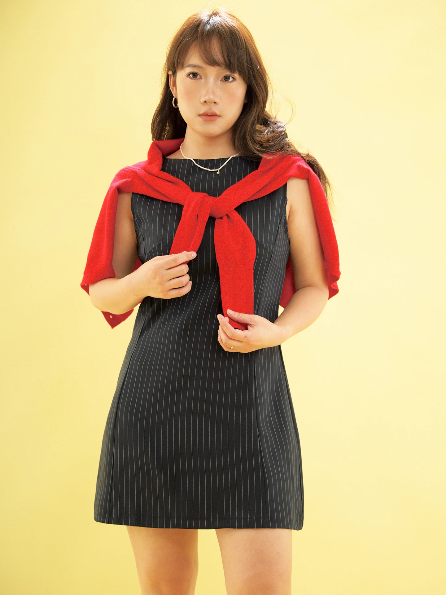 

Ohmyloli Retro High Waist Slim Fit Sleeveless round Neck Single Layer Dress Vertical Stripe Design for Commuting And Casual Wear