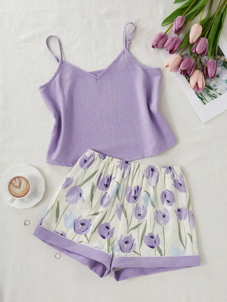 

2-Piece Chiffon V-Neck Camisole And Floral Print Shorts Pajama Set For Women
