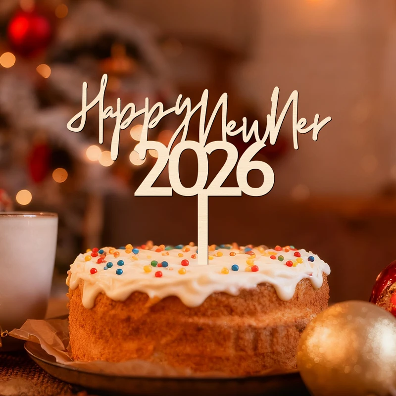 YOMDID Frohes Neues Jahr 2026 Kuchen Topper Frohes Neues Jahr Kuchen Topper 2026 Neujahr Holz Kuchen Pick Winter Neujahr Dekorationen