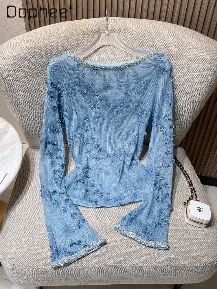 Heavy Industry Exquisite Flower Embroidery Diamond Temperament Long-sleeved Knitted Bottoming Shirt Round Neck Beaded Slim Tops