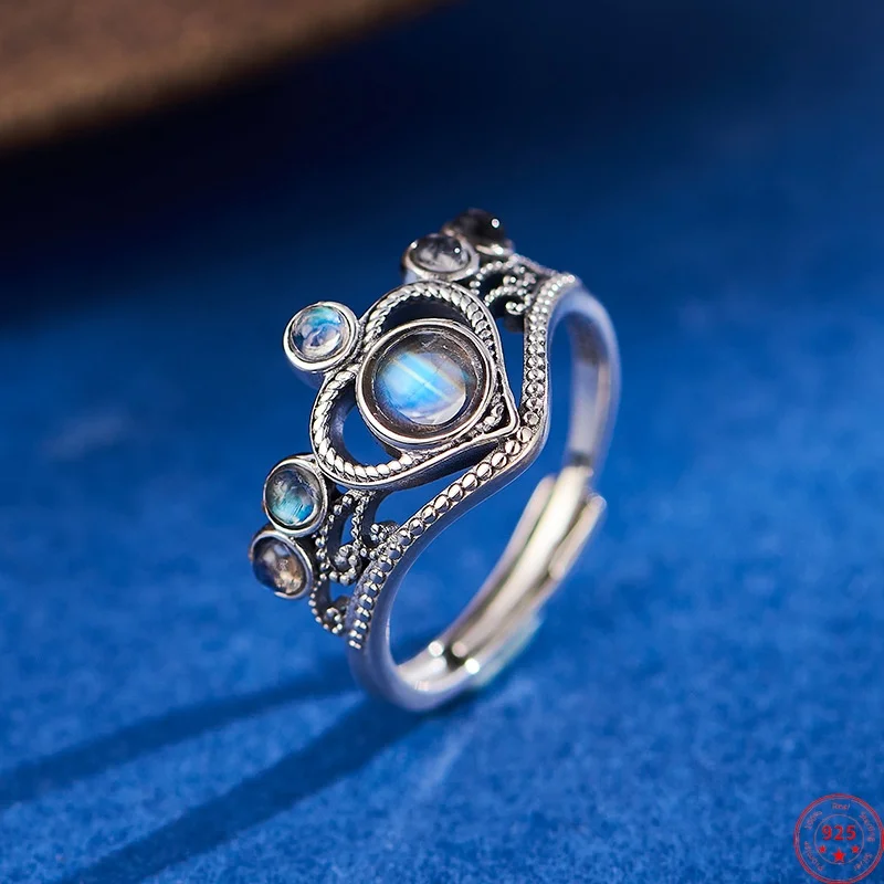 

Широкие кольца из стерлингового серебра 925 пробы для женщин и мужчин, полый узор в форме короны, инкрустированный лунным камнем, модные классические ювелирные изделия, оптовая продажа