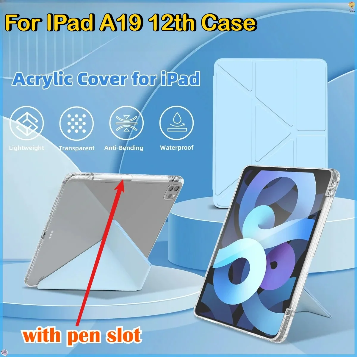 

2026 New PU Leather Y-Fold Stand Smart Case for IPad A19 12th Generation Air 8 11/13" M4 Clear Acrylic Pen Slot Shockproof Cover