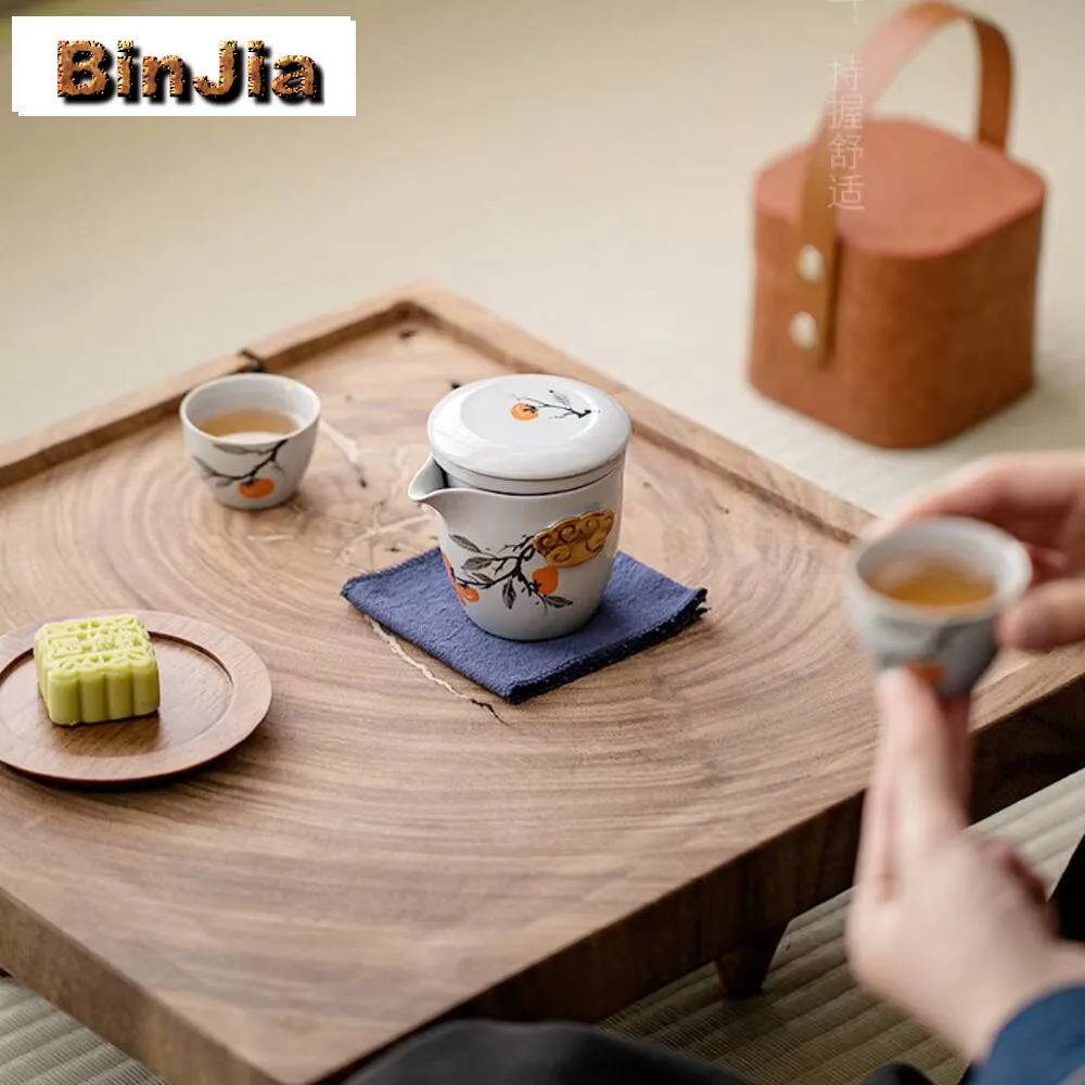 Hand Painted Persimmon Water Separation Tea Set Kit 1 Pot 2 Cups Maker Portable Travel Leather Pu Handbag Accessories Gift Craft