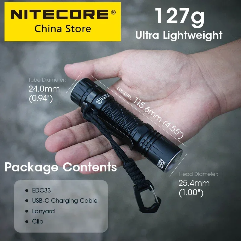 2024 Nitecore EDC33 Tactical Flashlight USB-C Rechargeable Torch Light 450Meter UHi 20 Max Built-in 4000mAh 18650 Li-ion Battery