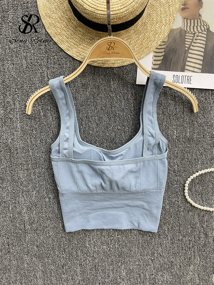 SINGREINY 2024 Fashion Casual Crop Top Women Strap Basic Chest Pad Sleeveless Sports Tank Top Solid Backless Beach Camis