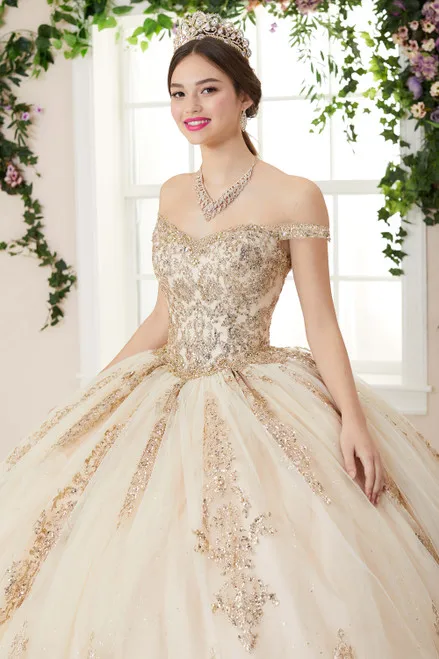 فستان Quinceanera ذهبي مع لؤلؤ دانتيل ، ثوب حفلة موسيقية ، بريق ، كم طويل ، مطرز ، فستان حفلة موسيقية لعيد الميلاد