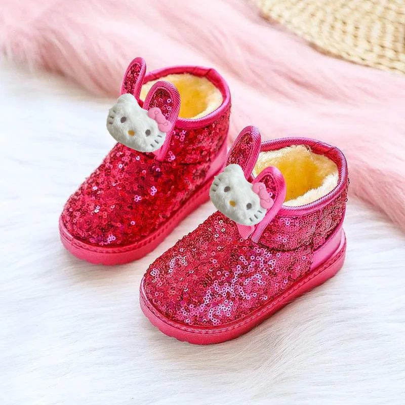 

Sanrio детская хлопковая обувь, осенне-зимние хлопковые сапоги для девочек, флисовые меховые сапоги Hello kitty, теплая повседневная обувь, детская обувь для малышей