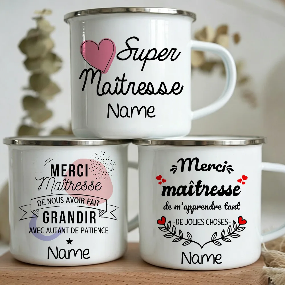 Personalized Merci Maitresse French Print Enamel Mug Creative Coffee Cups Enamel Cup with Name Thanks Gift for Teache