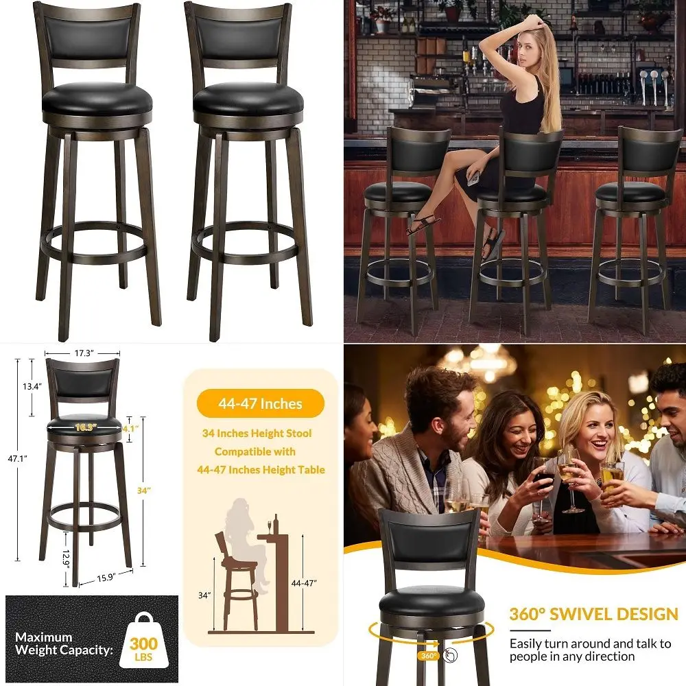 

Swivel Bar Stools Set of 2, 34 Inch Extra Tall Bar Height Barstools, Black Faux Leather Bar Stool with High Backrest, Solid Woo