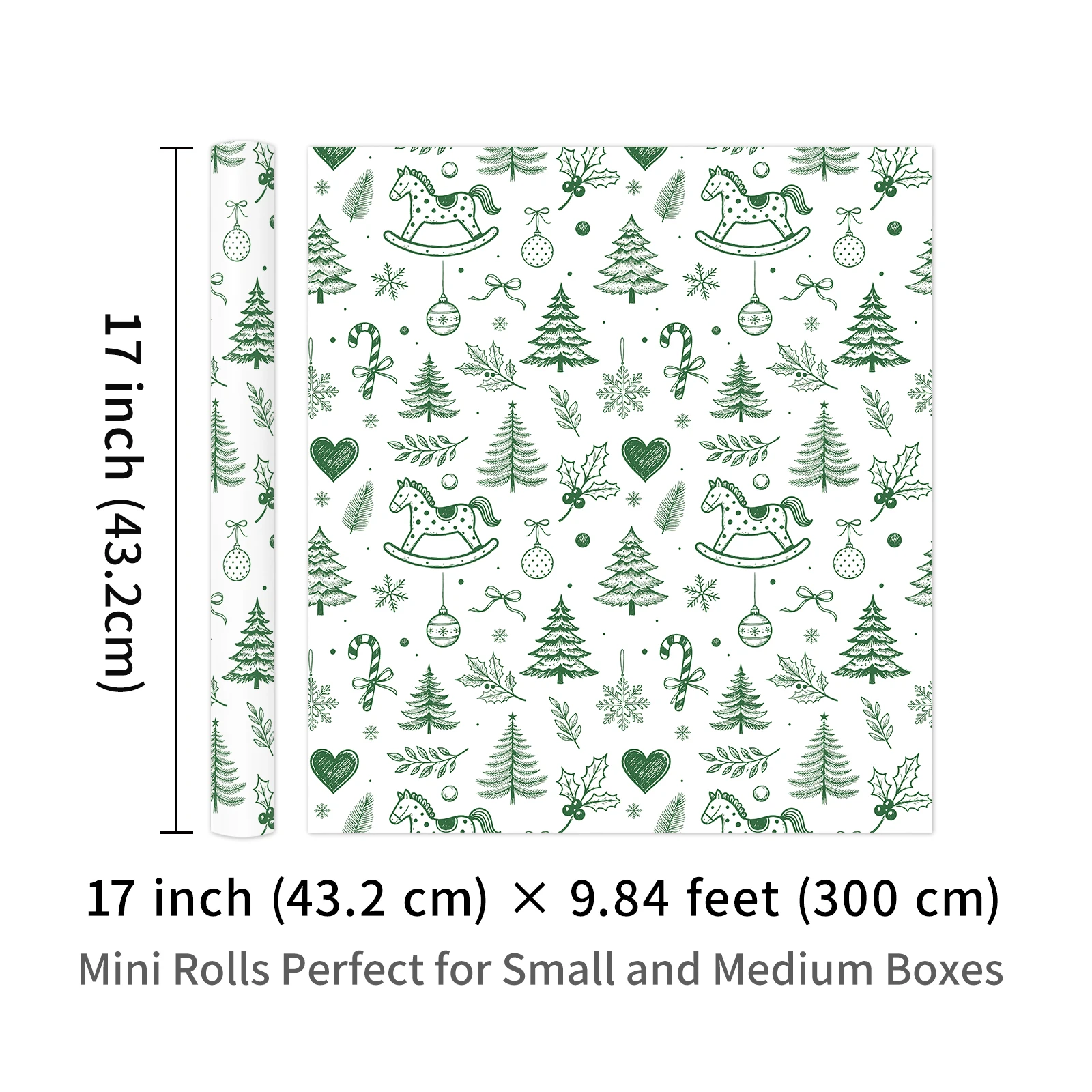 1 Roll of White and Green Hand-Painted Christmas Wrapping Paper, Rocking Horse and Christmas Tree Design, Fresh Holiday Gift DIY Decorative Paper, 43.2cm X 300cm (17inch X 9.84 Feet)