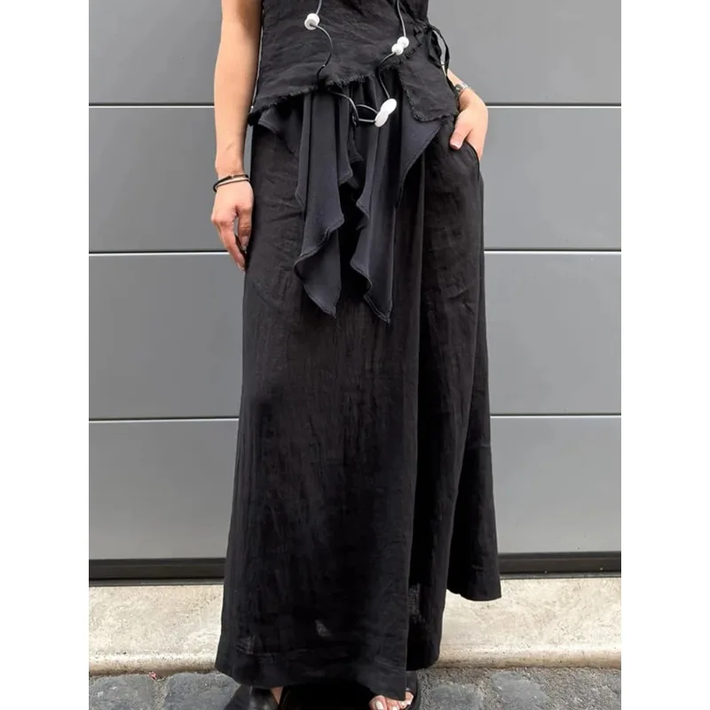 Pantalon d'automne pour femmes, couleur unie, mode décontractée, ample, poche littéraire, bouton, taille élastique, jambes larges