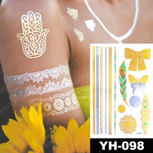 Stiker Tato Temporer Tahan Air Bunga Mandala Henna Emas Perak Metalik Flash Tato Boho Perhiasan Tangan Seni Tubuh Berkilau 6 bintik henna penjualan terbaik - №