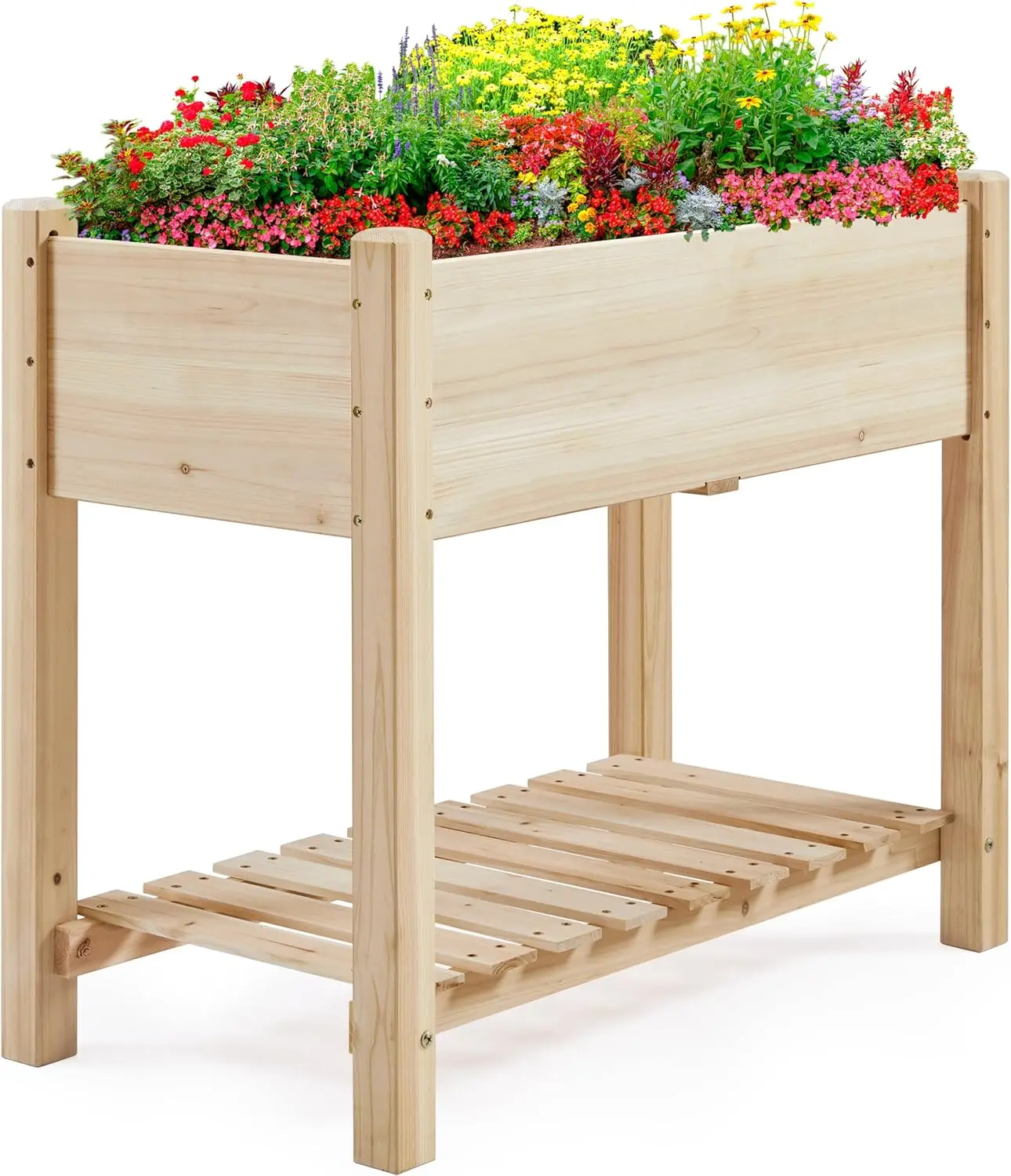 Elevated Wooden Garden Bed with Storage Shelf, 34x18x30in Planter Box for Backyard, Patio, Balcony
