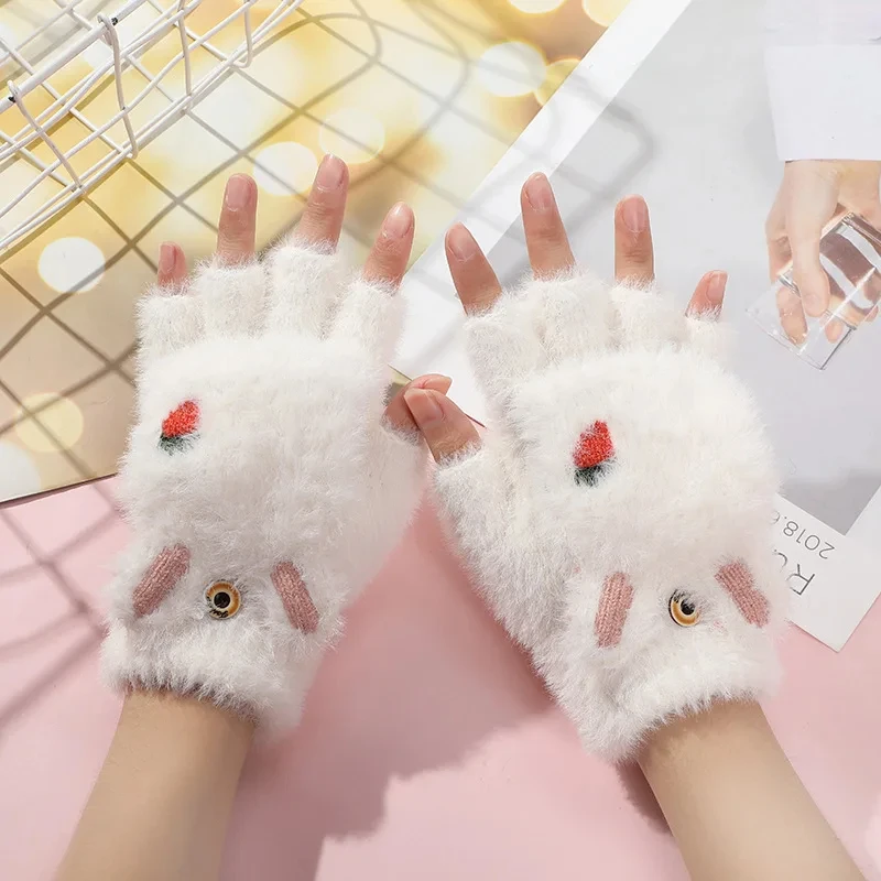 Women Plush Warm Glove Fur Lovely Rabbit Cat Mittens Flip Fingerless Gloves Soft Girls Thick Gloves Flexible Half Finger Winter