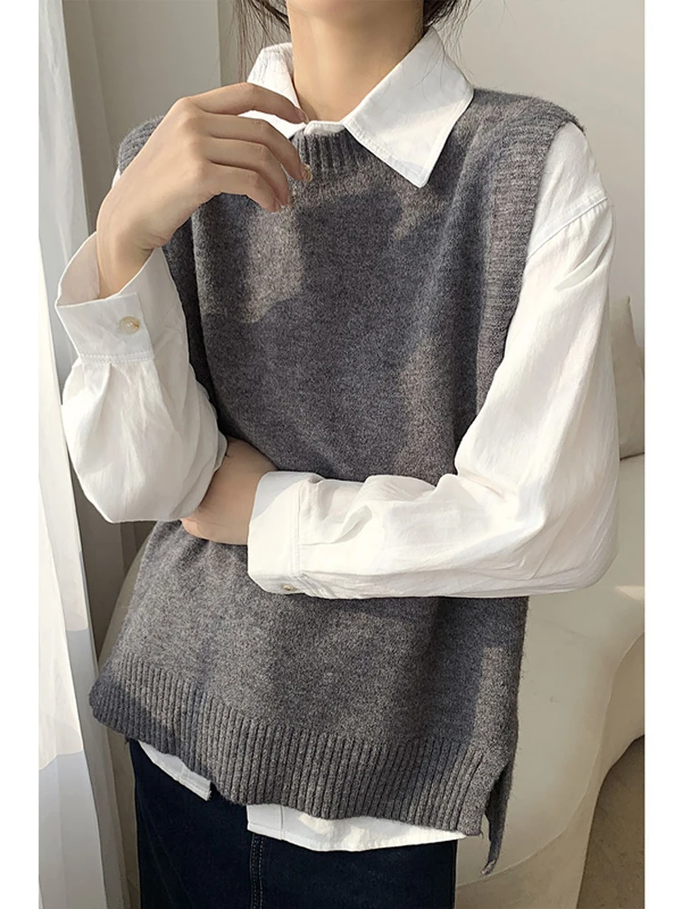 

7734 Autumn Winter Sleeveless Pullover Sweater Vest For Women Fashion Korean Style Irregular Cat Hem Female Knitted Waistcoat