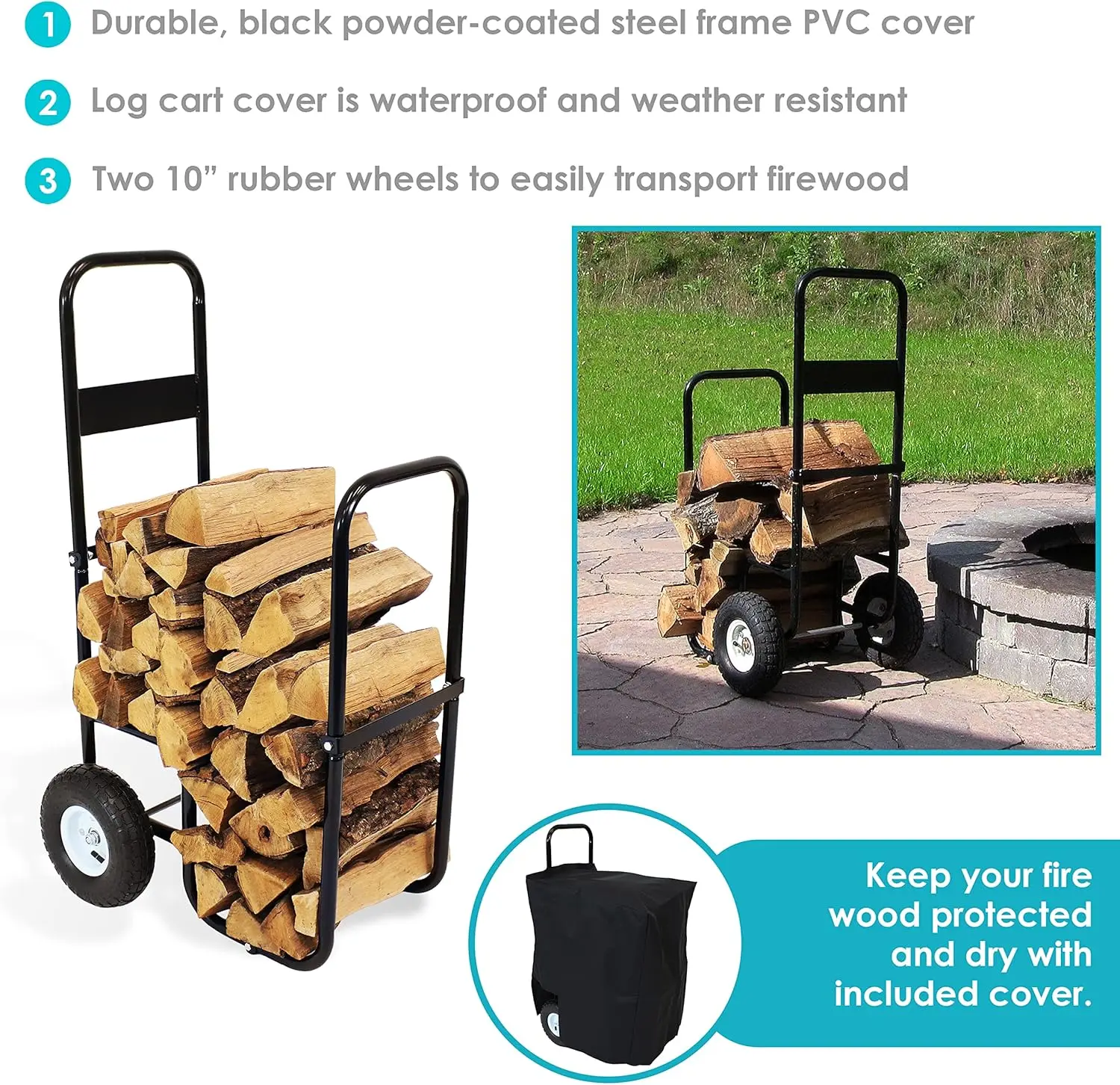 wood Log Cart with Pneumatic Tires and Heavy-Duty Polyester/PVC Cover