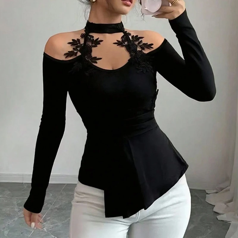 Fashion Women Blouses Sexy Cold Shoulder Skinny Top Elegant Long Sleeve Shirt Women Sexy Tops Female All Match Shirt Black
