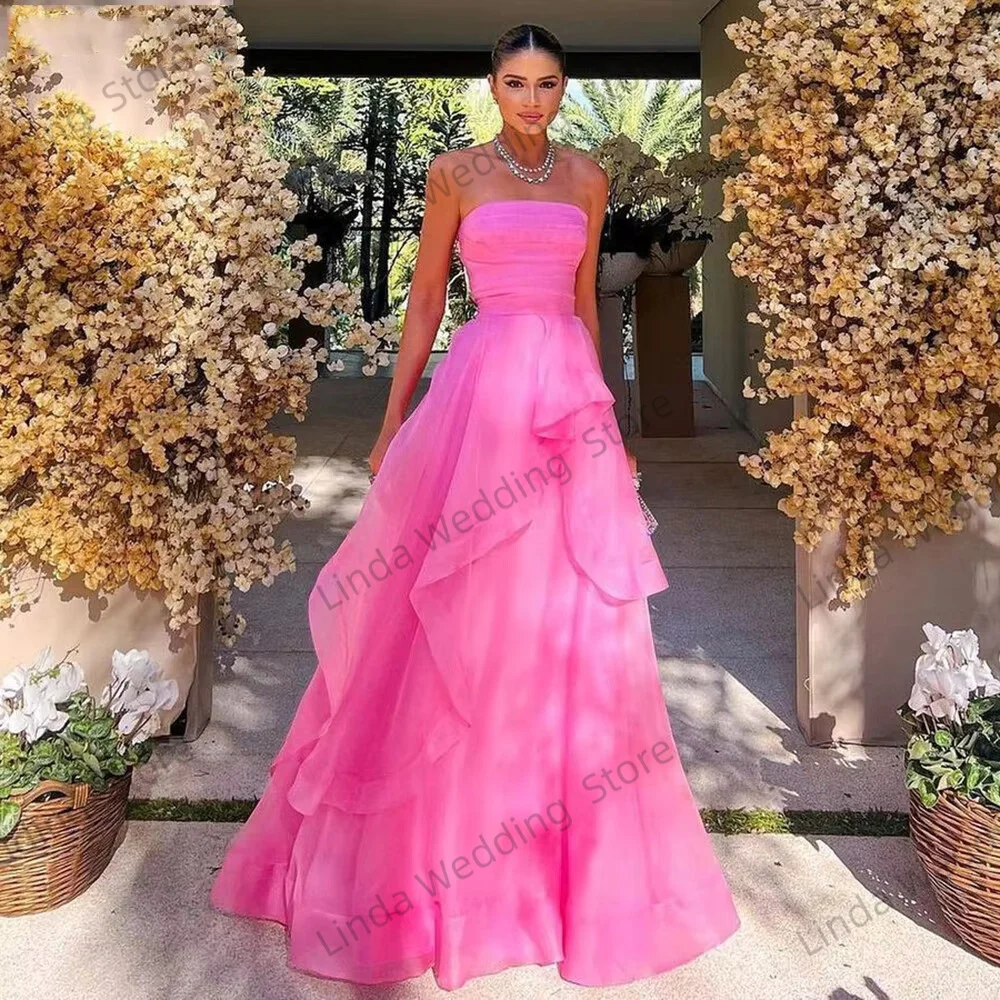 Customized Ruffles Prom Dresses Hot Pink Pleat Strapless Vestidos de Noche Women Formal Special Party Gowns Bridesmaid Dress