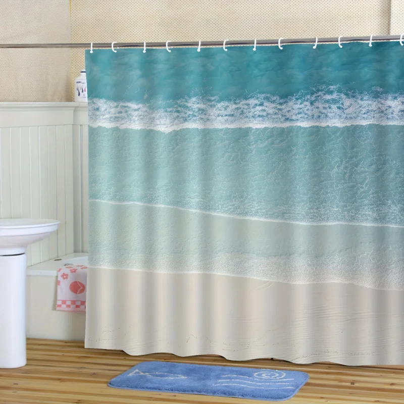 Coastal Bliss: 1pc Waterproof Beach Scene Print Shower Curtain with Hooks - Durable Polyester, Machine Washable, All-Season Bath