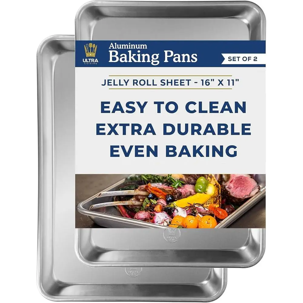 

Dual Aluminum Baking Sheets - Professional Roasting Pans for Oven Use, Food-Safe, Non-Warping, 16x11 Rimmed Cookie Baking Trays
