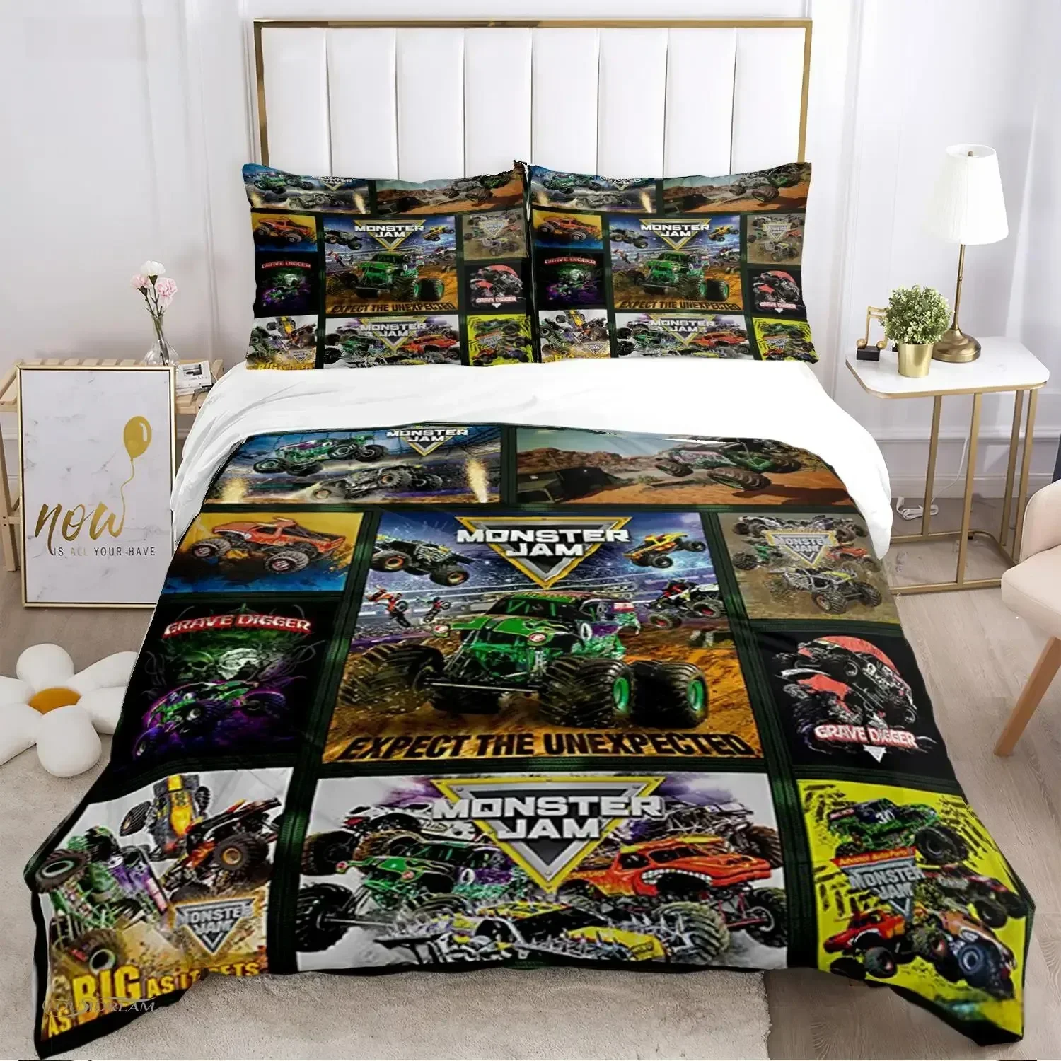 Set Seprai Selimut Penutup Selimut Semua Musim Monster Truck Kartun Penutup Selimut Lembut dan Sarung Bantal SingleDoubleQueenKing