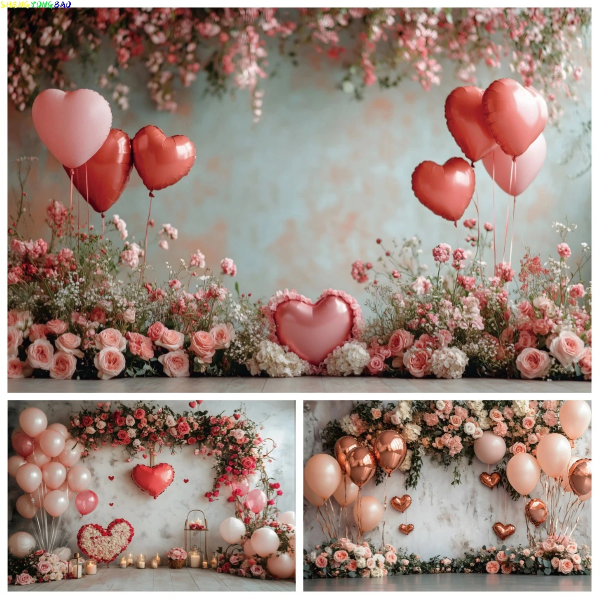 

Flowers Valentine's Day Photography Backdrop Love Heart Balloon Wedding Party Decoration Bridal Shower Portrait Photo Background