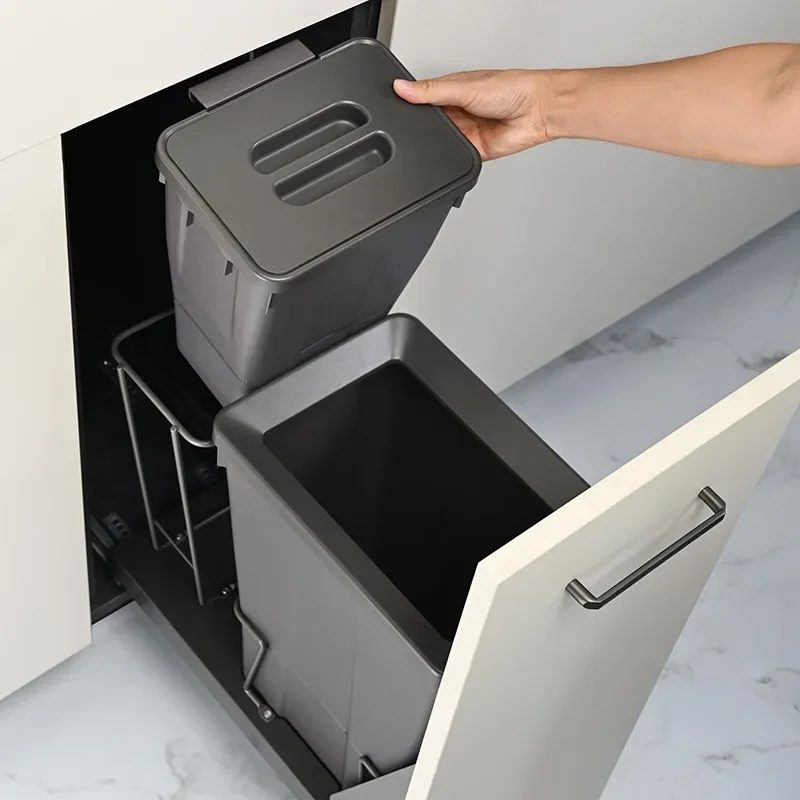 Kitchen Cabinet Embedded Trash Can Hidden Trash Bin Large Capacity Built in Litter Bin Rectangular Plastic Double Bucket Dustbin