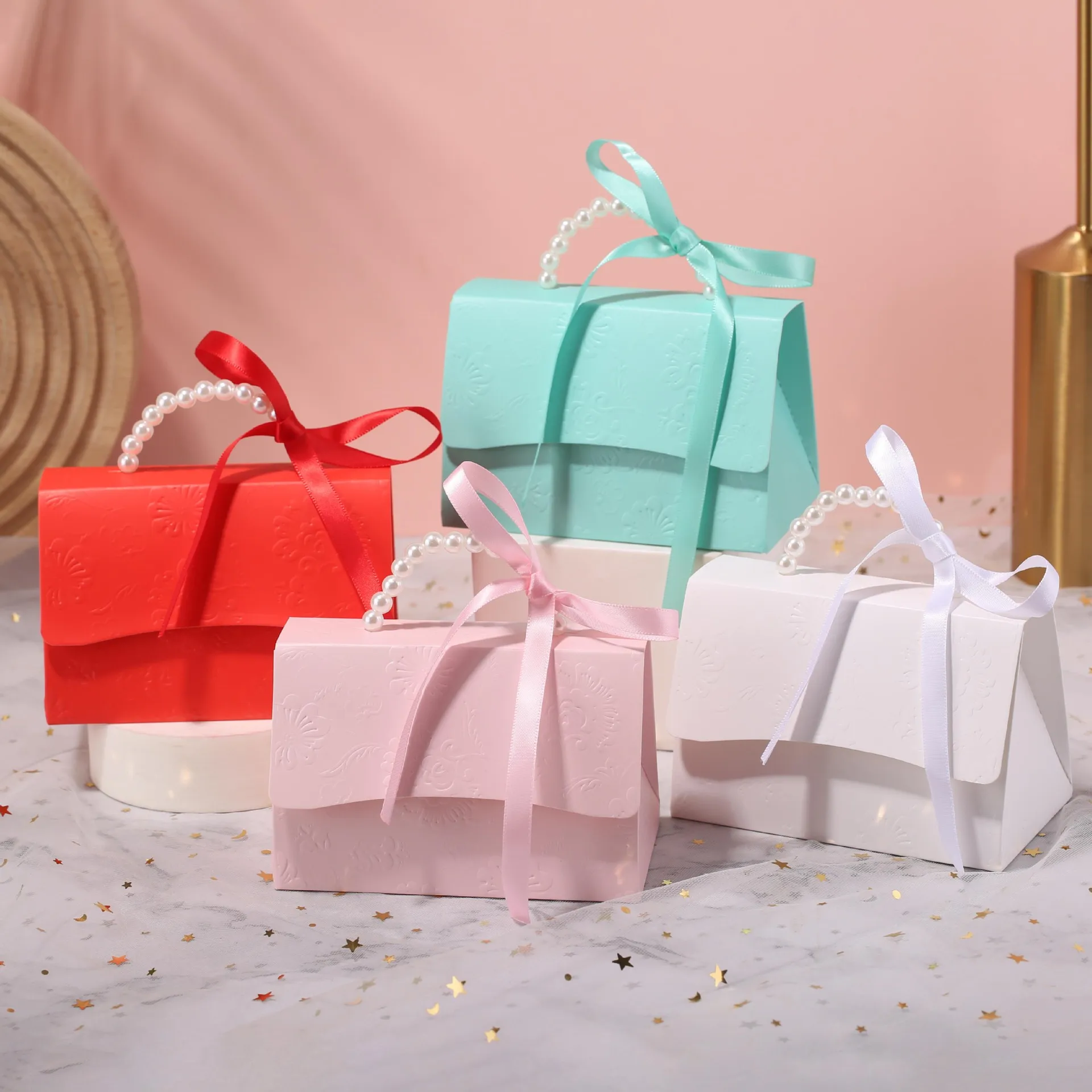 Paquete de 5 Bolsas de Regalo con Cinta para Dulces, Cajas de Chocolate con Perlas, para Decoración de Baby Shower, Bodas y Fiestas de Cumpleaños
