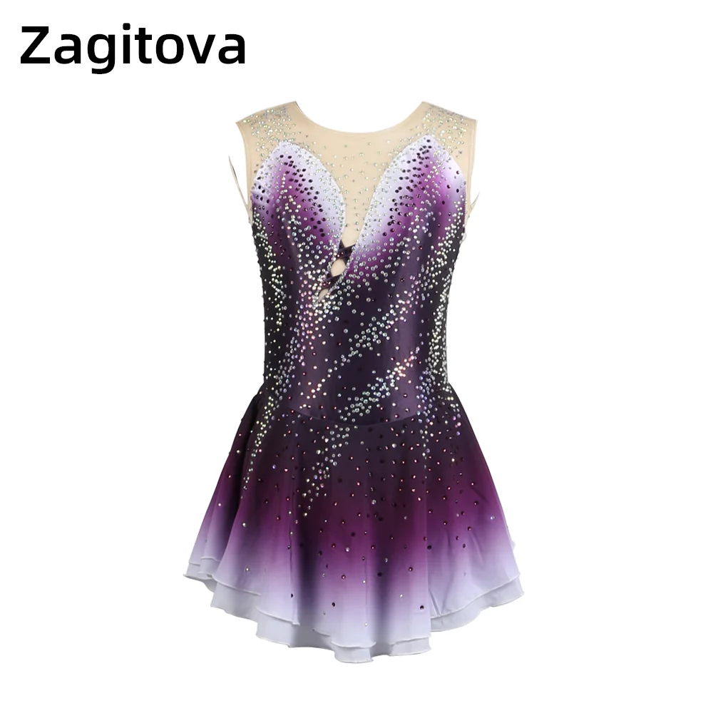 

ZAGITOVA Figure Skating Dress Purple Gradient Long Sleeve Ice Skating Mesh Skirt Girl Women Competition Performance